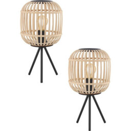 Modern Black Tripod Table Lamps With Wood Cage Shade - Set Of 2
