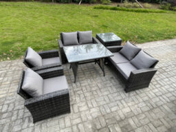 Fimous Rattan Garden Furniture Set 6 Seater Patio Outdoor Lounge Sofa Set With Rectangular Dining Table For Balcony - thumbnail 2