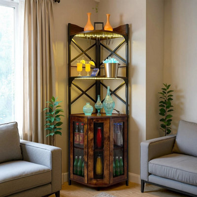 Brown 5 Tier Wine Cabinet Home Bar Wine Rack Corner Storage Cupboard With Light Strip - image 1