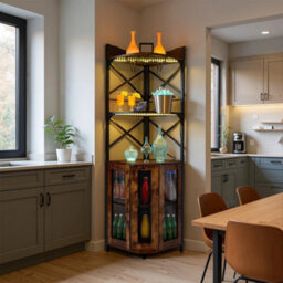 Brown 5 Tier Wine Cabinet Home Bar Wine Rack Corner Storage Cupboard With Light Strip - thumbnail 3