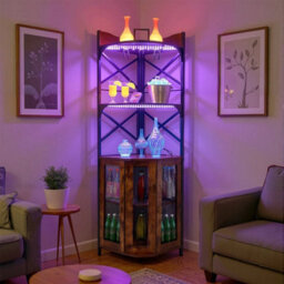 Brown 5 Tier Wine Cabinet Home Bar Wine Rack Corner Storage Cupboard With Light Strip - thumbnail 2