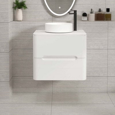 Royal Bathrooms Venice 600mm Gloss White Wall Mounted Bathroom Countertop Vanity Unit 2 Drawer With Art Basin - image 1