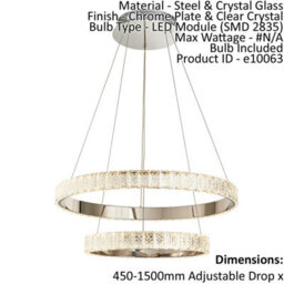Ceiling Pendant Light Chrome & Clear Crystal 2 X 22.5W Led Bulb Included - thumbnail 2