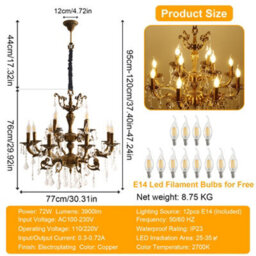 Vrygle 100Cm French Country Crystal Chandeliers Ceiling Light 12 Lights Vintage Pendant Light For Living Room E14 - thumbnail 2