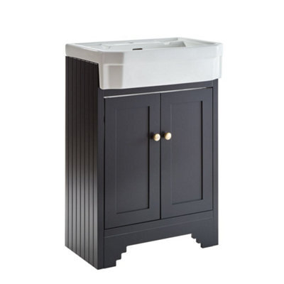 Homestylestore Black Grey 570mm Bathroom Vanity Unit And Round Brushed Gold Handles - image 1