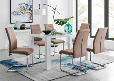 Furniturebox Uk Pivero White High Gloss Dining Table And 6 Cappuccino Beige Lorenzo Dining Chairs - image 1