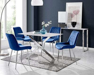 Furniturebox Uk Leonardo White Glass Marble Effect Silver Leg Table & 4 Navy Pesaro Silver Chairs - image 1