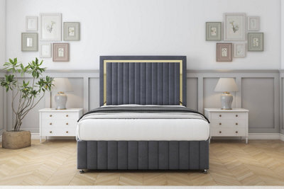 "Sloomy Boston Gold Steel Plush Divan Bed Set 4 Drawers With 54"" Floor Standing & 12"" Footboard 4' Small Double" - image 1