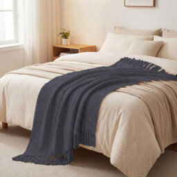 Living And Home Dark Gray Corn-Patterned Knitted Tassel Blanket, 130Cm L X 170Cm W - thumbnail 3
