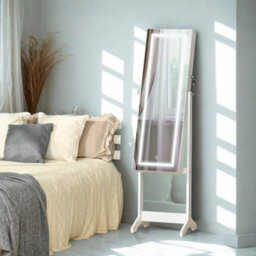 Free Standing Mirror Lockable Jewellery Cabinet 360 Swivel Organiser With Led Lights White - thumbnail 3