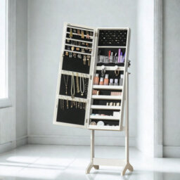 Free Standing Mirror Lockable Jewellery Cabinet 360 Swivel Organiser With Led Lights White - thumbnail 2