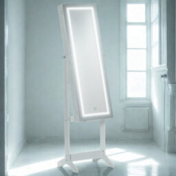 Free Standing Mirror Lockable Jewellery Cabinet 360 Swivel Organiser With Led Lights White - thumbnail 4