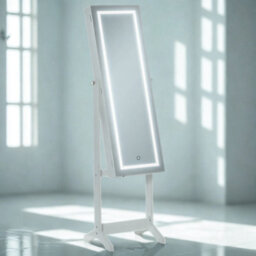 Free Standing Mirror Lockable Jewellery Cabinet 360 Swivel Organiser With Led Lights White - thumbnail 6