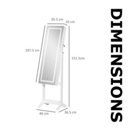 Free Standing Mirror Lockable Jewellery Cabinet 360 Swivel Organiser With Led Lights White - thumbnail 8