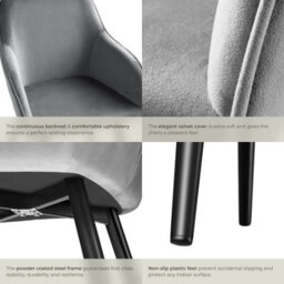 Tectake Set Of 6 Dining Chair Marilyn - With Armrests, Padded, Velvet Look, Black Steel Legs  - Grey/black - thumbnail 5
