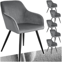 Tectake Set Of 6 Dining Chair Marilyn - With Armrests, Padded, Velvet Look, Black Steel Legs  - Grey/black