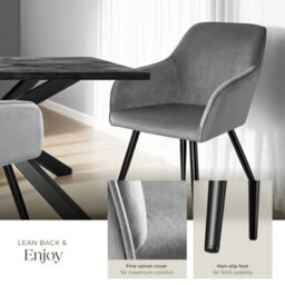 Tectake Set Of 6 Dining Chair Marilyn - With Armrests, Padded, Velvet Look, Black Steel Legs  - Grey/black - thumbnail 4