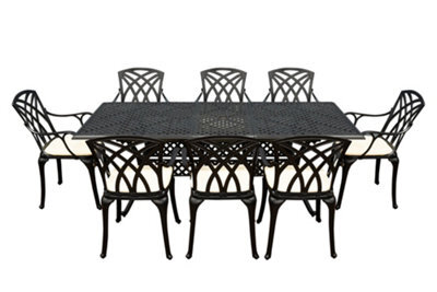 Sh&g Chirk 8 Seat Dining Table Set - 9 Piece Extendable Table & Chairs - Black Aluminium With Cream Cushions - Indoor & Outdoor - image 1