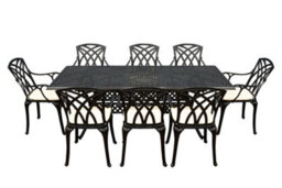 Sh&g Chirk 8 Seat Dining Table Set - 9 Piece Extendable Table & Chairs - Black Aluminium With Cream Cushions - Indoor & Outdoor