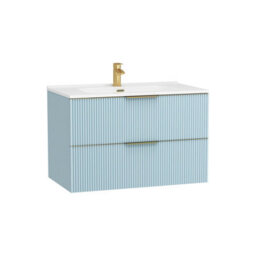 Royal Bathrooms Evora 800mm Powder Blue Fluted Wall Hung Bathroom Vanity Unit 2 Drawer Cabinet Storage With Ceramic Basin & Brushed Brass Handles - thumbnail 7