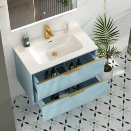 Royal Bathrooms Evora 800mm Powder Blue Fluted Wall Hung Bathroom Vanity Unit 2 Drawer Cabinet Storage With Ceramic Basin & Brushed Brass Handles - thumbnail 5