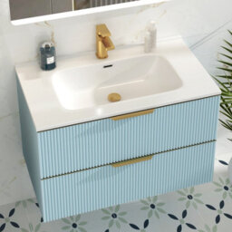 Royal Bathrooms Evora 800mm Powder Blue Fluted Wall Hung Bathroom Vanity Unit 2 Drawer Cabinet Storage With Ceramic Basin & Brushed Brass Handles - thumbnail 6