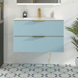 Royal Bathrooms Evora 800mm Powder Blue Fluted Wall Hung Bathroom Vanity Unit 2 Drawer Cabinet Storage With Ceramic Basin & Brushed Brass Handles