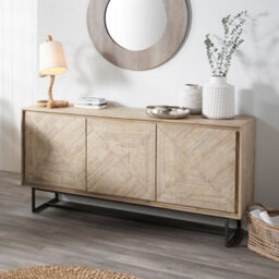Pacific Lifestyle Acacia Wood And Black Metal 3 Door Sideboard Natural Sand Wash Tv Unit