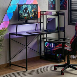 Wyld and Coco Lumina Led Gaming Desk, Black Mdf Top, Iron Frame, 5 Shelves - W120 X D64 X H120Cm - thumbnail 2