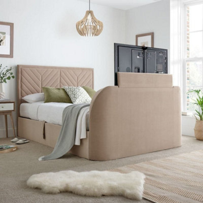 Sherlock Warm Stone Velvet Ottoman Electric Media Tv Bed Frame - 4Ft6 Double - image 1