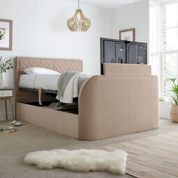 Sherlock Warm Stone Velvet Ottoman Electric Media Tv Bed Frame - 4Ft6 Double - thumbnail 2