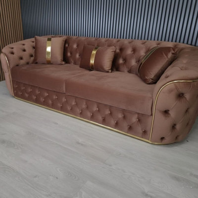 Stratus Interiors Ambassador 3-Seater Sofa Gold Trim Plush Velvet Frill Design