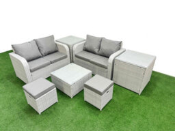 Fimous 6 Seater Outdoor Love Sofa Set Rattan Garden Furniture Set Square Coffee Table 2 Small Stools 2 Side Tables Light Grey - thumbnail 1