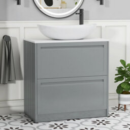 Royal Bathrooms Royal Bathroom Elmore 800mm Matt Pebble Grey Freestanding Bathroom Vanity Unit 2 Drawer Plain White Worktop With Cesar Basin - thumbnail 1