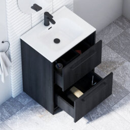 Royal Bathrooms Livora 600mm Black Woodgrain Floor Standing Bathroom Vanity Unit 2 Drawer With Ceramic Basin & Matt Black Handle - thumbnail 4
