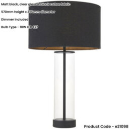 Loops Matt Black & Clear Glass Dimmable Table Lamp - Black Cotton Fabric Shade - 570mm Tall Light - 10W Led E27 - thumbnail 2