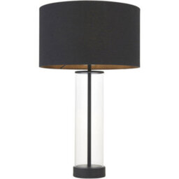 Loops Matt Black & Clear Glass Dimmable Table Lamp - Black Cotton Fabric Shade - 570mm Tall Light - 10W Led E27