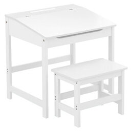 Orsina Angled Surface Children's White Desk And Stool, Sleek Functional Desk For Children, Durable Desk And Stool