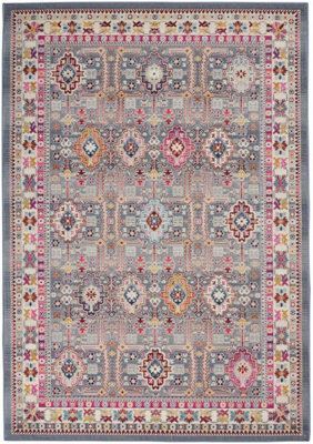 Grey Multi Persian Rug, Stain-Resistant Bordered Floral Rug, Traditional Luxurious Rug For Dining Room-71Cm X 230Cm (Runner) - image 1