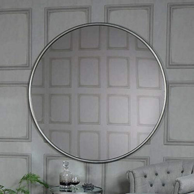 Biznest  Biznest 60Cm Extra Large Round Silver Wall Mounted Mirror Silver Iron Metallic Frame