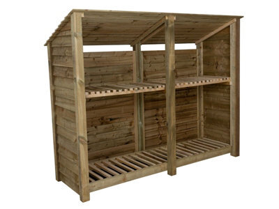 Arbor Garden Solutions Wooden Log Store (Roof Sloping Back) With Kindling Shelf W-227Cm, H-180Cm, D-88Cm - Natural (Light Green) Finish - image 1