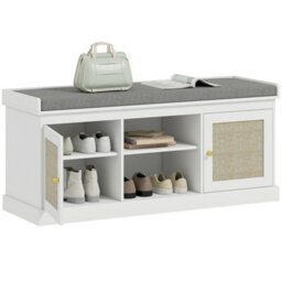 Homcom Shoe Bench, Boho Shoe Storage Bench With Padded Cushion, White - thumbnail 2
