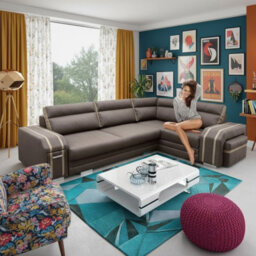 Avatar Corner Sofa Bed With Ottoman And Side Bar Upholstered Back Loose Cushions 300X200X90Cm 145X220Cm Brown And Beige Right - thumbnail 1