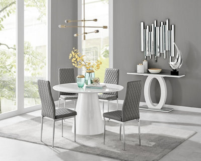 Furniturebox Uk Palma White High Gloss Round Dining Table & 4 Grey Milan Chrome Leg Chairs - image 1