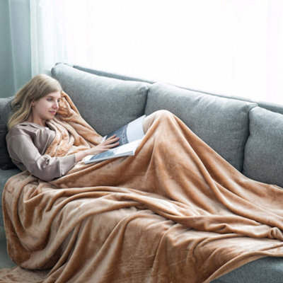 Ameha Fleece Plain Blanket, Lightweight & Reversible Throw For Travel, Bed & Sofa Blanket, Camel Double 150X200Cm - image 1
