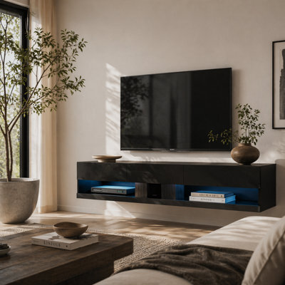 Wyld Haus Vare 150Cm High Gloss Black Floating Tv Unit With Led Lighting - Fits Up To 65 Inch Screens - image 1