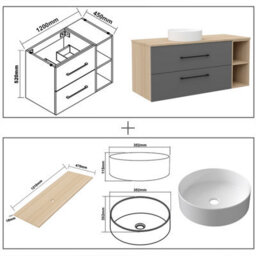 AVER-GROWTH 1210mm Bathroom Vanity Unit With Ceramic Basin 2 Drawer Countertop Sink Wall Hung Matt Grey Oak Bathroom Cabinet Shelves Storage - thumbnail 5