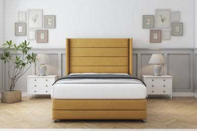 "Sloomy Sterling Mustard Plush Divan Bed With Mattress No Drawers With 54"" Wingback & 12"" Footboard 4'6 Double" - image 1