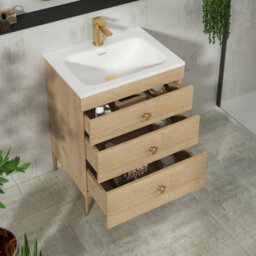 Royal Bathrooms Royal Bathroom Verona 600mm Natural Oak 3-Drawer Floor Standing Bathroom Vanity Unit With Stone Basin & Brushed Brass Knob - thumbnail 5