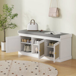 Homcom Shoe Storage Bench With Rattan Doors, Cushion, Entryway Shoe Bench - thumbnail 9